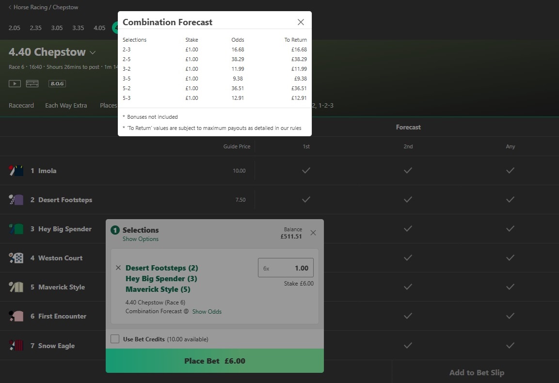 Bet365 combination forecast bet slip displaying a breakdown of the six potential winning combinations & the possible returns for each combination.